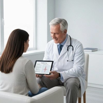 Doctor and patient discussing thyroid test results on a tablet, professional and empathetic setting, no text, no words, no typography, 8K, clean image