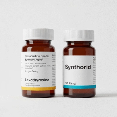 Assortment of thyroid medication bottles, some labeled Levothyroxine and Synthroid