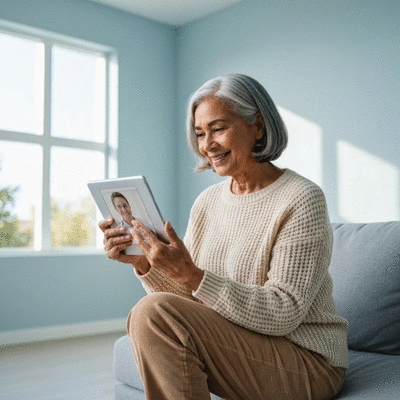 Senior woman using telemedicine on a tablet, talking to a doctor, bright and clean, no text, no words, no typography, 8K