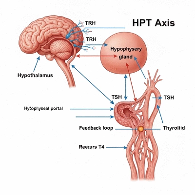 Detailed illustration of the HPT axis flow, showing hypothalamus, pituitary gland, and thyroid gland interactions with hormones TRH, TSH, T3, and T4.