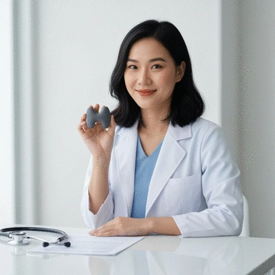 Person holding a thyroid-shaped object, representing health and treatment options, with medical notes in the background, no text, no words, no typography, clean image