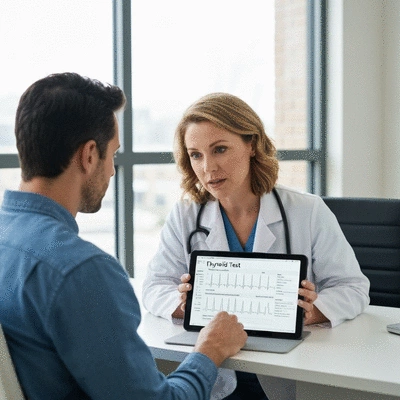 Doctor and patient discussing thyroid test results, showing patient engagement