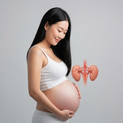 Pregnant woman gently touching her stomach, symbolizing mother and baby health, with a subtle medical diagram of a thyroid gland overlay. No text, no words, no typography, 8K.