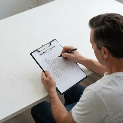 Person filling out a symptom tracking checklist on a clipboard with a pen, clean background, no text, no words, no typography, clean image