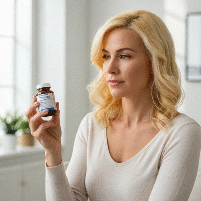 Woman holding a bottle of thyroid medication, looking thoughtful, in a clean, brightly lit home environment.