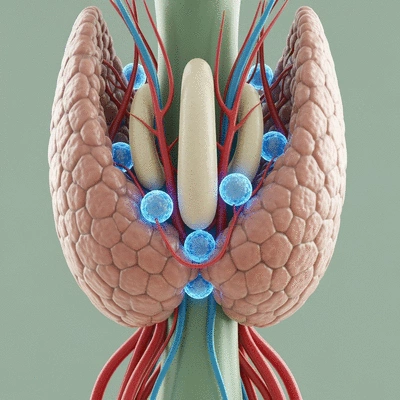 Close-up of a thyroid gland model with iodine molecules highlighting its function