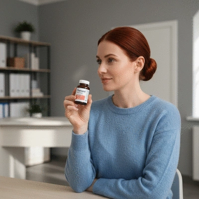 Woman holding a thyroid medication bottle, looking thoughtful, in a clean, modern doctor's office or home setting, no text, no words, no typography, 8K, natural lighting