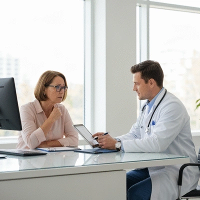 Patient and doctor discussing treatment options, with a focus on shared decision-making, in a modern clinic setting, no text, no words, no typography, clean image