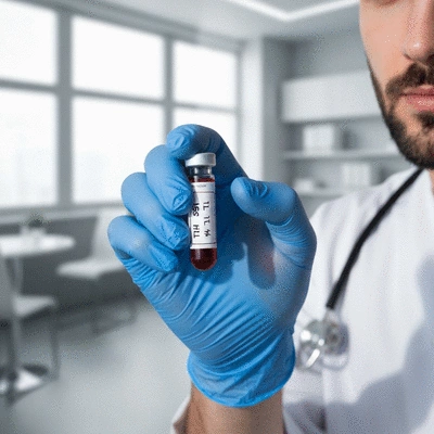 Close-up of a blood test vial with a label, indicating thyroid health screening, in a clean medical setting, no text, no words, no typography, clean image