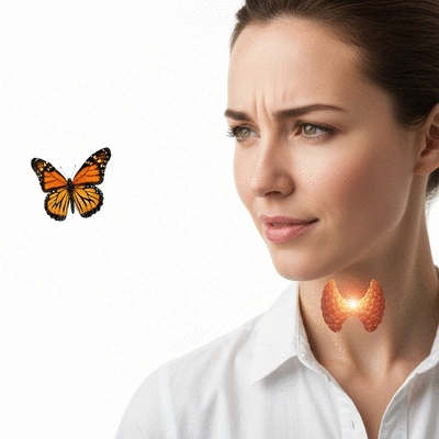 Person looking thoughtfully at a butterfly, symbolizing the thyroid gland, with subtle medical overlay, no text, no words, no typography, clean image