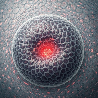 Microscopic view of thyroid gland cells being attacked by immune system antibodies, representing Hashimoto's