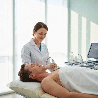 Person undergoing a thyroid ultrasound or check-up at a clinic