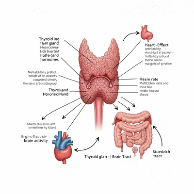 Scientific illustration of thyroid gland and its hormones affecting various body functions like metabolism, heart rate, and brain activity, no text, no words, no typography, clean image