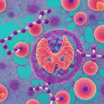 Microscopic view of iodine molecules affecting thyroid cells