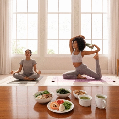 Person engaging in healthy lifestyle activities such as yoga and eating balanced meals to support thyroid health