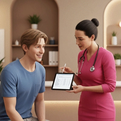 Patient discussing test results with a doctor, focusing on patient empowerment and clear communication