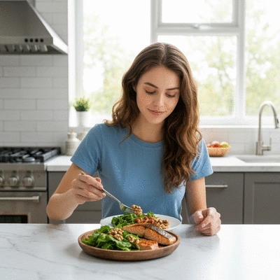 Person enjoying a balanced meal with healthy ingredients, symbolizing good thyroid health