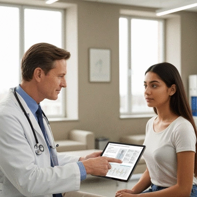 Doctor and patient discussing thyroid health, showing a supportive and informative interaction, no text, no words, no typography, clean image