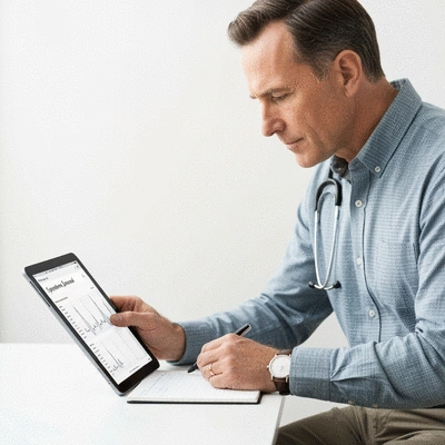 Person reviewing a symptom journal or health tracker on a tablet, focused, bright clean background, clean image, no text