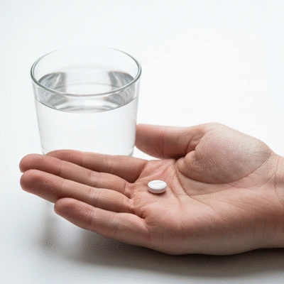 Close-up of a person holding a small white pill (Levothyroxine) on their palm, with a glass of water on a clean, bright background, suggesting daily medication intake. no text, no words, no typography, no labels, clean image