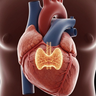 Close-up of a human heart with glowing thyroid gland overlay, illustrating connection
