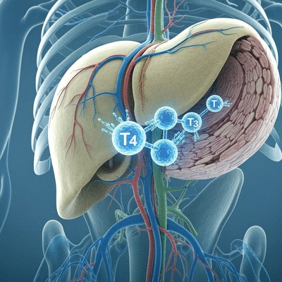 Diagram showing T4 to T3 conversion in liver and tissues