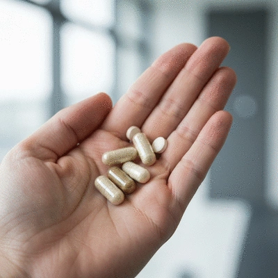 Hypothyroidism treatment options, a hand holding various thyroid medication pills with a blurred medical background
