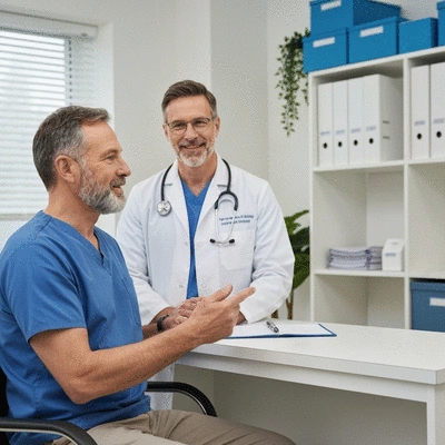Person consulting with a healthcare provider about thyroid test results, clean and modern clinic setting, no text, no words, no typography, clean image