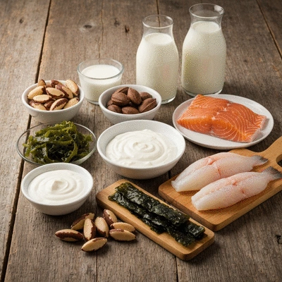Assortment of nutrient-rich foods like Brazil nuts, fish, and dairy products