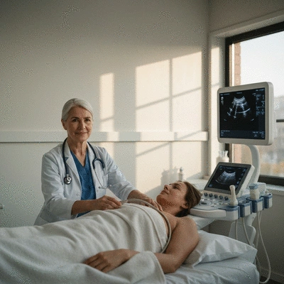 Medical professional performing a thyroid ultrasound on a patient, screen displaying clear ultrasound image, clean clinic environment