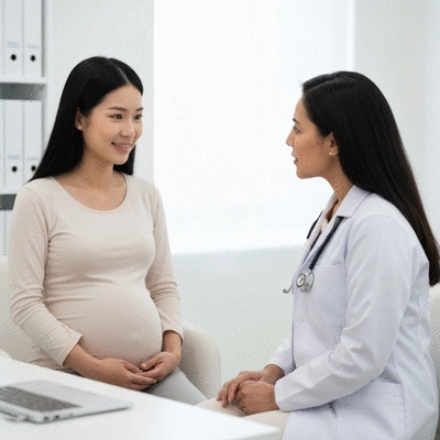 Pregnant woman discussing her thyroid health with a female doctor in a clean, modern clinic. No text, no words, no typography, 8K.