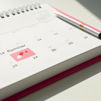 Close-up of a calendar or planner with a reminder set for medication, focus on organization and routine for health.