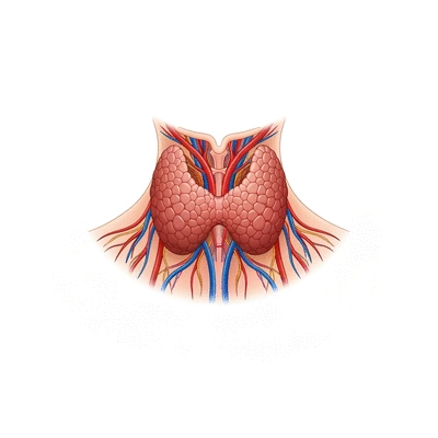 Illustration of the thyroid gland in the human neck with labels indicating its function, clean image