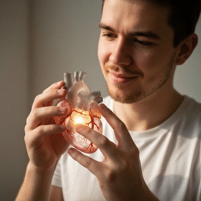 Person holding a heart model with a subtle glow, symbolizing heart health awareness