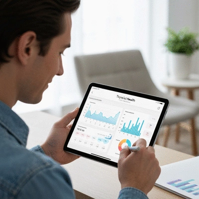 Person looking at a health dashboard on a tablet, focusing on thyroid levels, in a clean, modern setting
