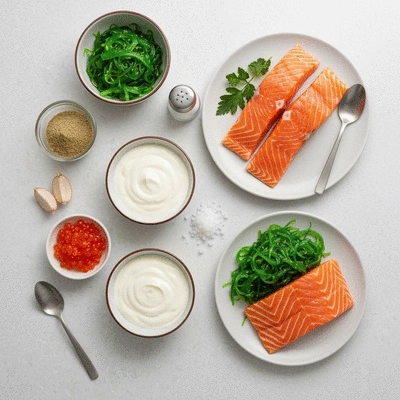 Various iodine-rich foods like seafood, dairy, and iodized salt on a clean kitchen counter