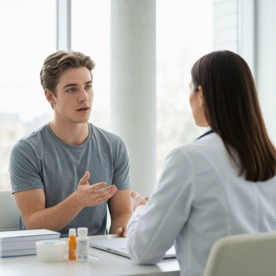 Patient discussing medication concerns with a doctor in a modern clinic setting, focusing on communication and collaboration, no text, no words, no typography, clean image