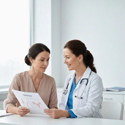 Patient and doctor discussing thyroid health, looking at medical charts, professional and empathetic interaction