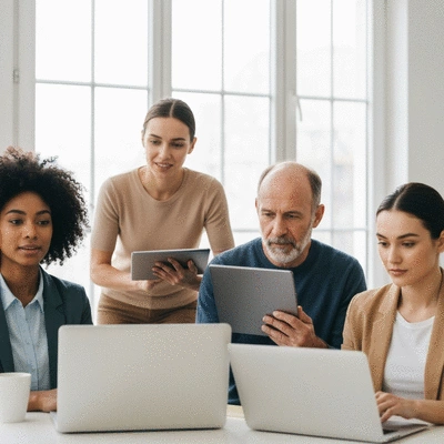 Diverse group of people engaging in an online support group meeting on laptops and tablets, looking supportive and connected