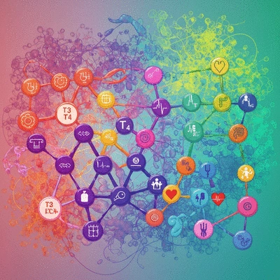 Conceptual image illustrating T3 and T4 thyroid hormones influencing metabolism, with symbols for energy and bodily functions.