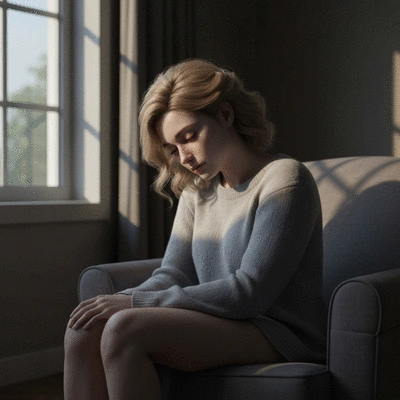 Person experiencing fatigue and low energy, possibly due to hypothyroidism, in a dimly lit room