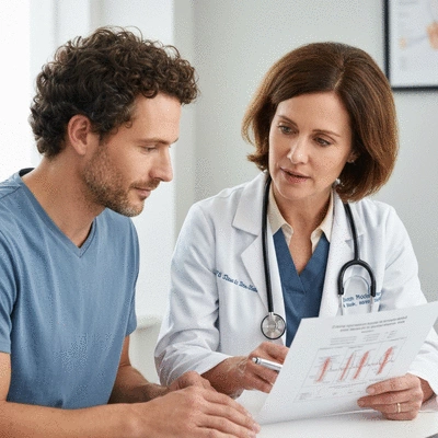 Doctor and patient discussing thyroid treatment options, looking at a medical chart, in a professional and empathetic setting, no text, no words, no typography, 8K, natural lighting