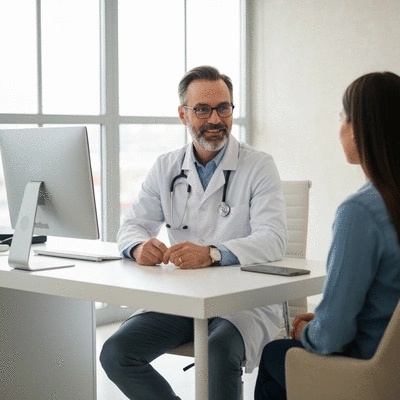Endocrinologist consulting with a patient about thyroid health, professional setting, clean image