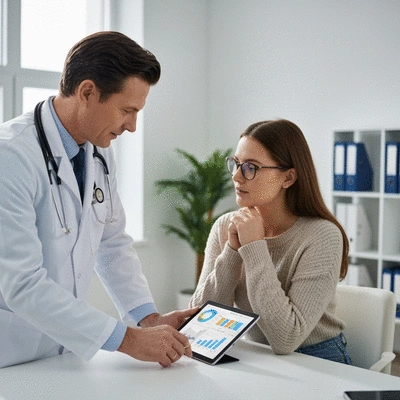 Doctor and patient discussing health results on a tablet, with a focus on collaborative decision-making
