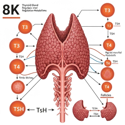 Scientific illustration of thyroid gland with T3, T4, and TSH hormones in balance