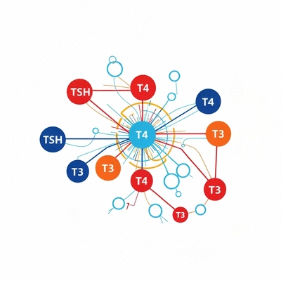 Diagram illustrating TSH, T4, and T3 hormones and their interaction in the body, no text, no words, no typography, clean image