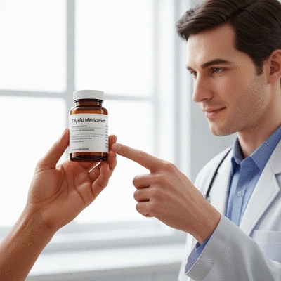 Person holding a pill bottle labeled 'Thyroid Medication' with a healthcare professional's hand pointing to dosage instructions, clean image, no text