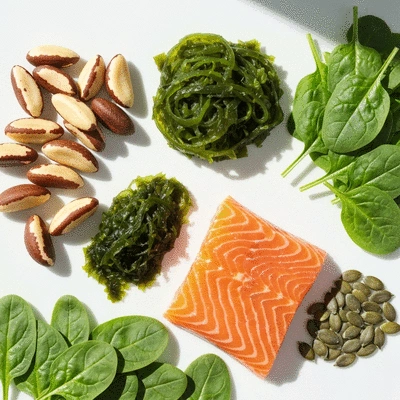 Healthy food choices for thyroid support, including nuts, seafood, and vegetables